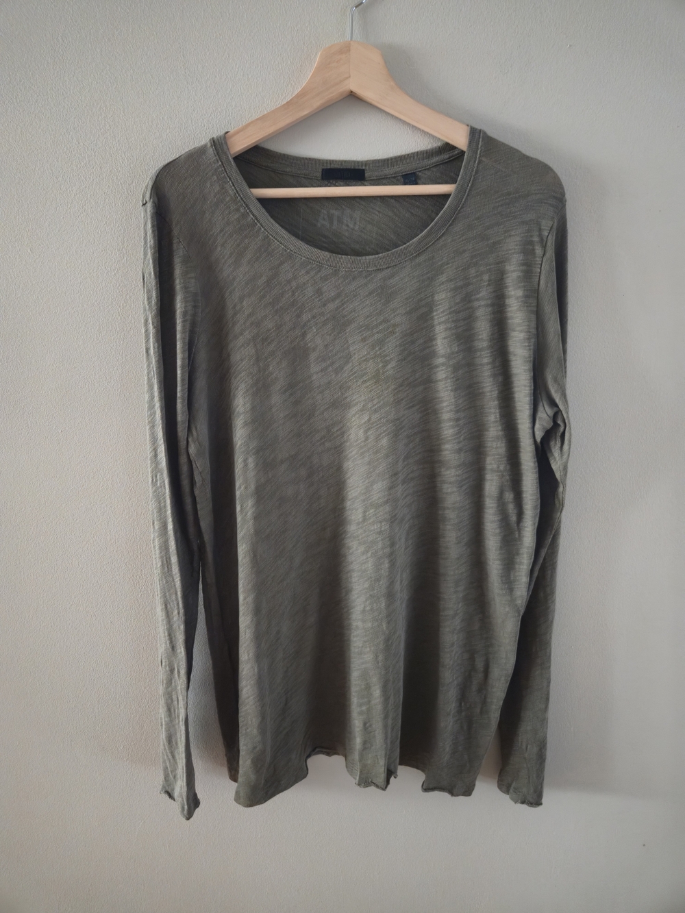 ATM Men's  Slub Jersey Destroyed Wash Long Sleeve Tee Olive Sage Green